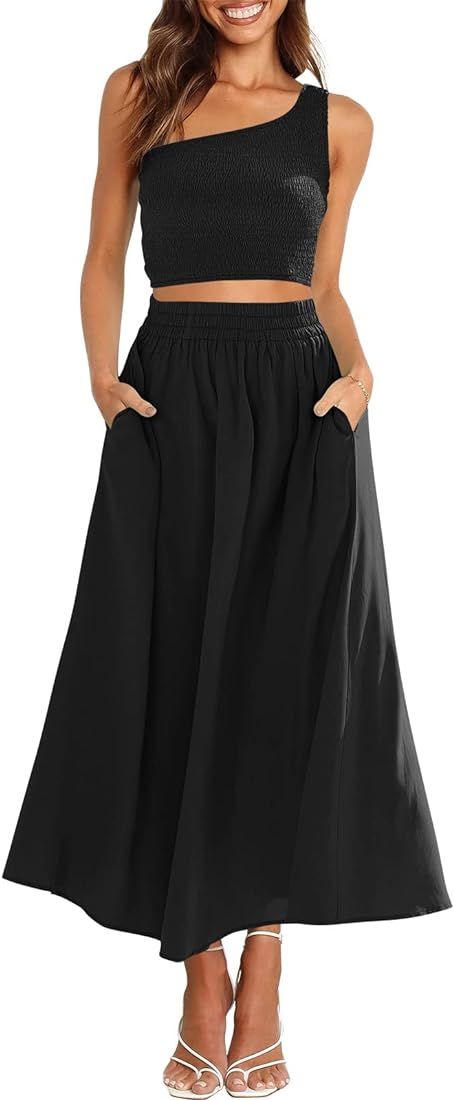 ANRABESS Women's 2 Pieces Outfits One Shoulder Smocked Crop Top & High Waist Long Skirt Dress Set wi | Amazon (US)