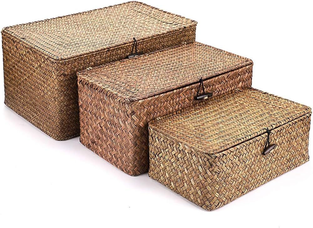 Hipiwe Set of 3 Natural Seagrass Storage Baskets with Lid - Large Handwoven Wicker Storage Bins R... | Amazon (US)
