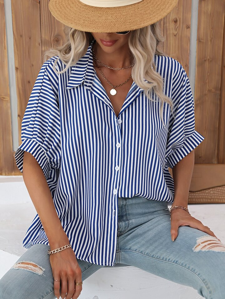 SHEIN LUNE Striped Print Batwing Sleeve Shirt | SHEIN