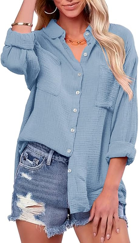 Saudacdn Women Button Down Shirts V Neck Blouse Long Roll Up Cuffed Sleeve Pocket Casual Boyfrien... | Amazon (US)