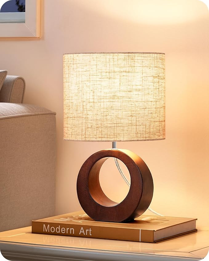 EDISHINE 13.4" Samll Wood Table Lamp, Modern Bedside Lamp with Beige Linen Lampshade & ON-Off Swi... | Amazon (US)