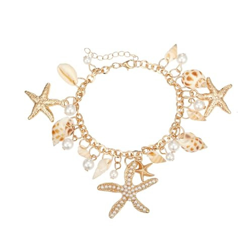 RUOFFETA Shell Starfish Necklace Bracelet Conch Statement Chunky Necklace Mermaid Costume Jewelry Beach Jewelry for Women(Anklet Gold) | Amazon (US)