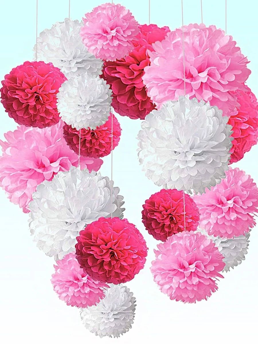 18pcs/36pcs Red White Pink Theme Party Paper Pom Poms Decoration Set For Valentine's Day | SHEIN