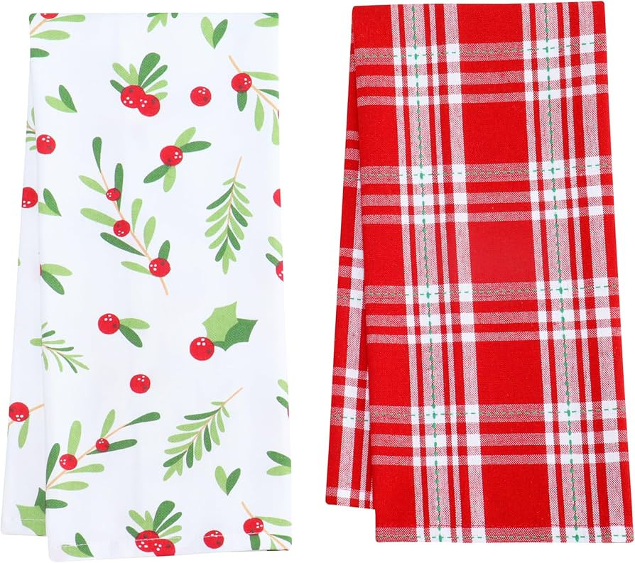PurpleEssences Christmas Kitchen Towel Set of 2-100% Cotton Tea Towels for Baking, Cleaning, Ente... | Amazon (US)