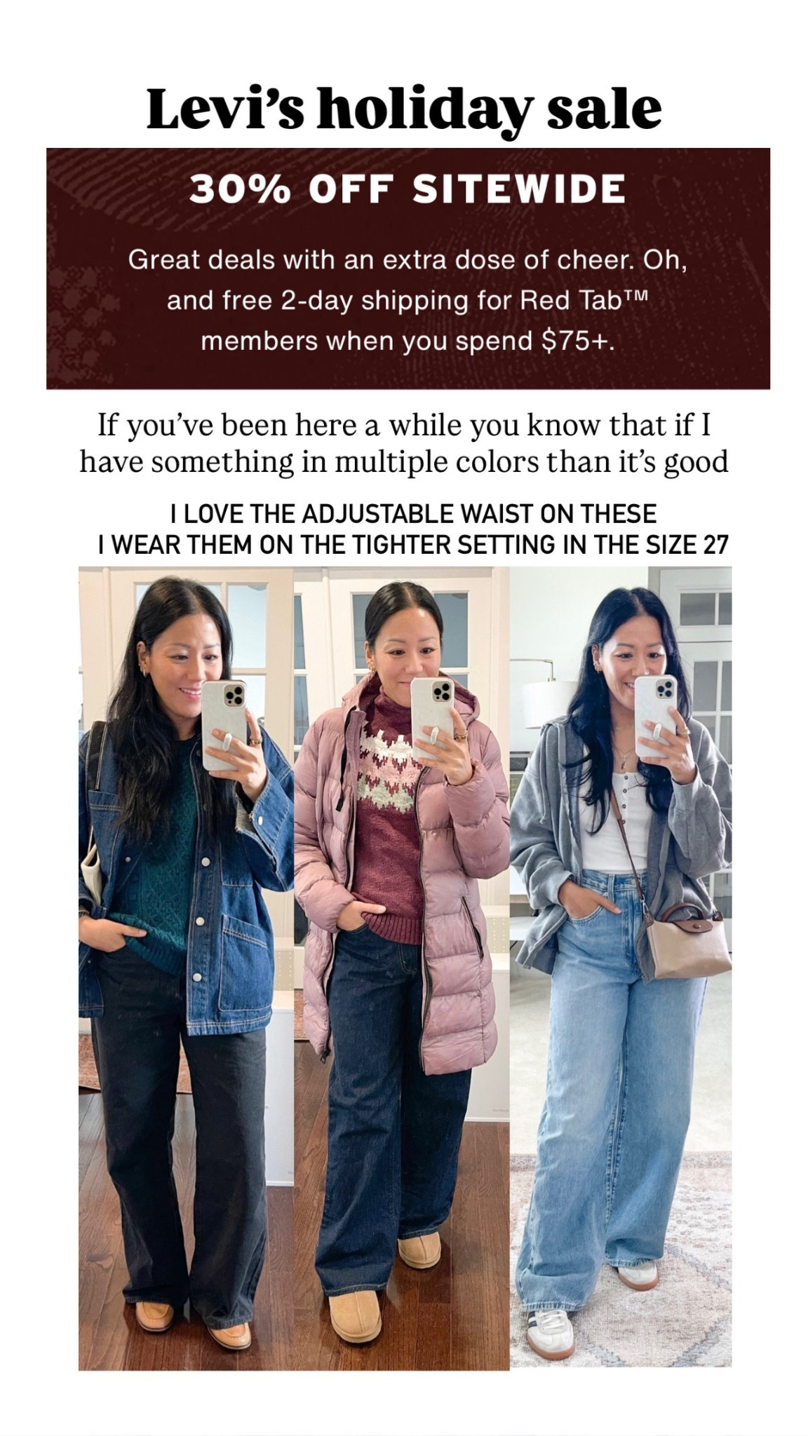 I wear the tighter setting on size 27

Levi’s cinch waist baggy jeans 

#LTKSaleAlert #LTKFindsUnder100