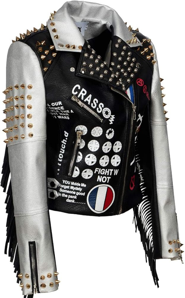 Women's Metallic Silver and Black Moto Jacket Leather Moto Jacket Outfit Inspo Studded Jacket 2024 | Amazon (US)