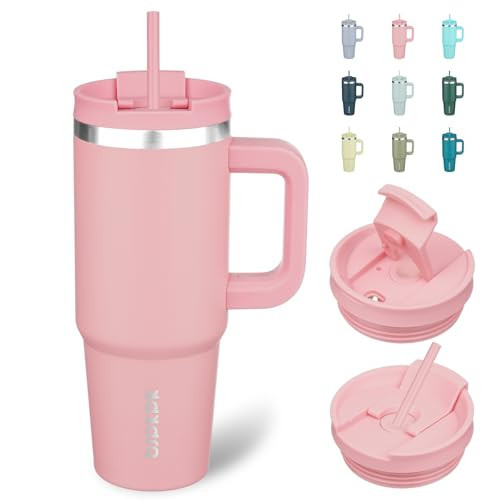 BJPKPK 30oz Stainless Steel Insulated Tumbler With Handle And Lid Straw Travel Coffee Mug Thermal Cup,Light Pink | Amazon (US)