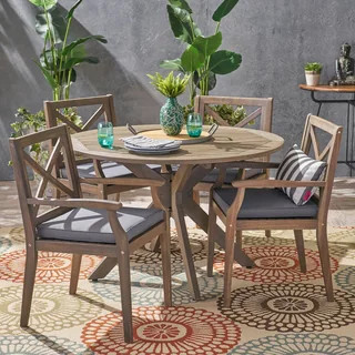 Llano Outdoor 5 Piece Acacia Wood Dining Set by Christopher Knight Home - teak and crème | Bed Bath & Beyond