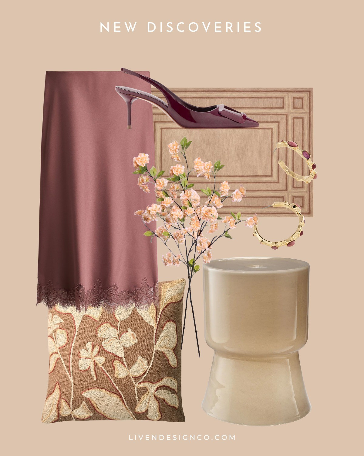 New discoveries. Silk satin lace skirt. Burgundy pumps. Patent heels. Glossy ceramic garden stool. Floral pillow. Faux peach blossom stems. Spring florals. Neutral rug. Loloi rug

#LTKSeasonal #LTKHome #LTKSaleAlert