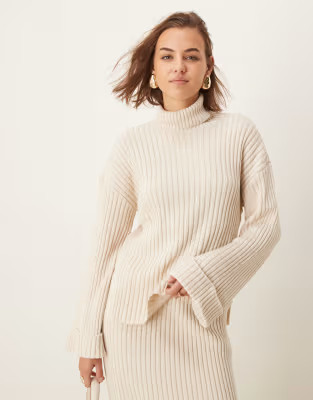 YAS knitted roll neck sweater with turn up sleeves in cream - part of a set | ASOS (Global)