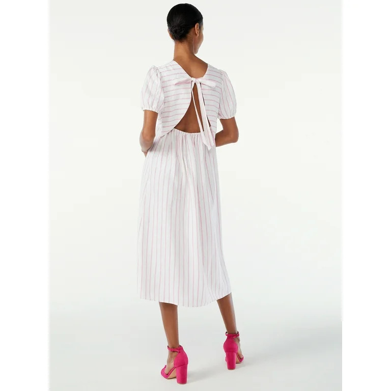 Scoop Women's Bow Back Midi Dress with Puff Sleeves - Walmart.com | Walmart (US)