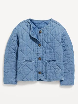 Collarless Quilted Chambray Button-Front Jacket for Girls | Old Navy (US)