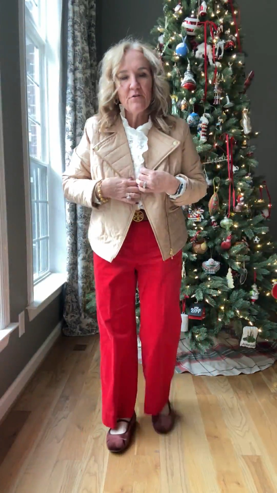 Pants size 10 petite 
Jacket size med petite
Blouse size 10
Velvet flats very comfy tts 

Work outfit, office outfit, holiday outfit, quilted jacket, red corduroy’s Talbott style birdies’s flats

#LTKSaleAlert #LTKOver40 #LTKWorkwear