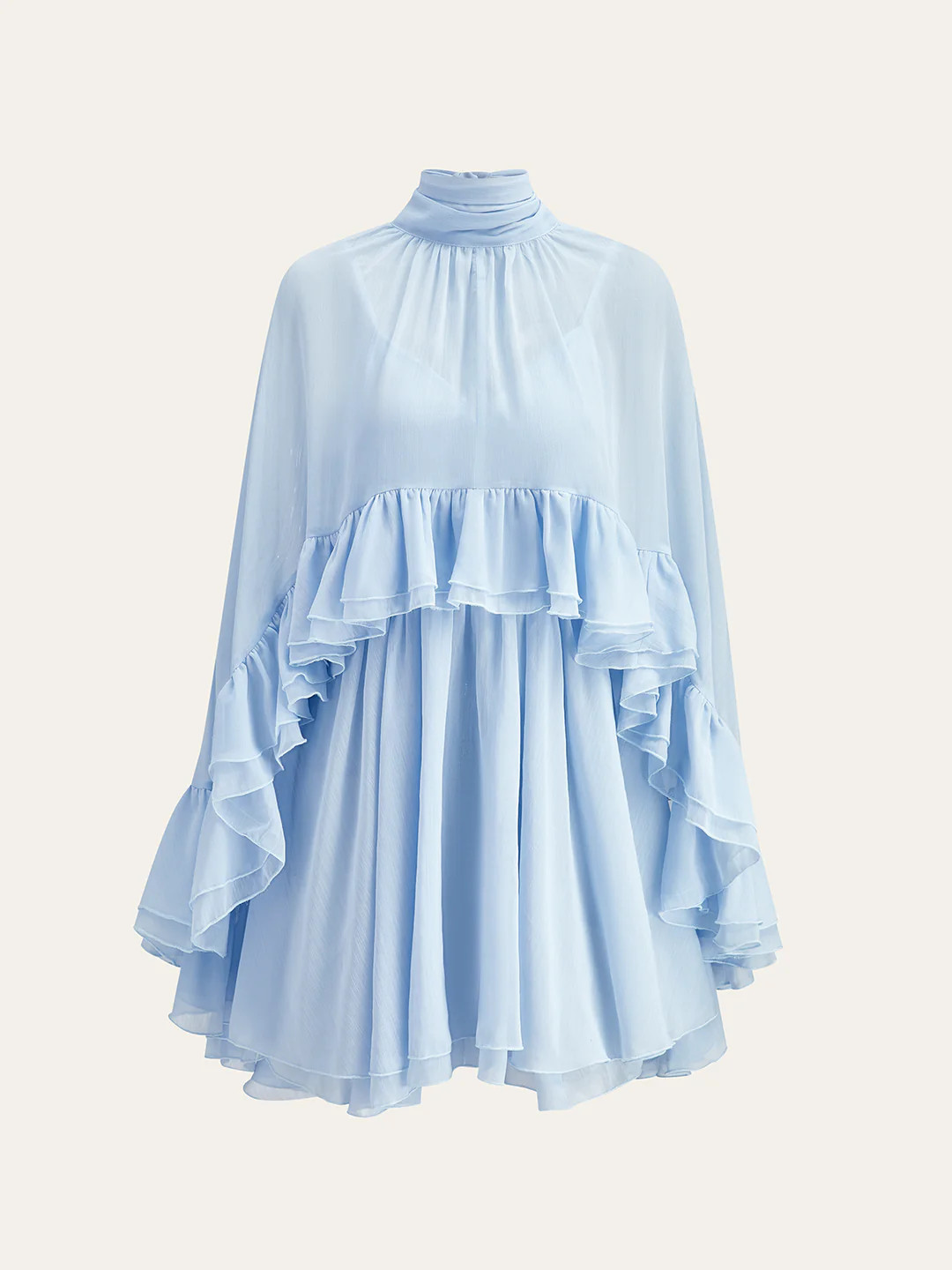 Semi-Sheer Chiffon Ruffle Dress With Outer Cape | Commense