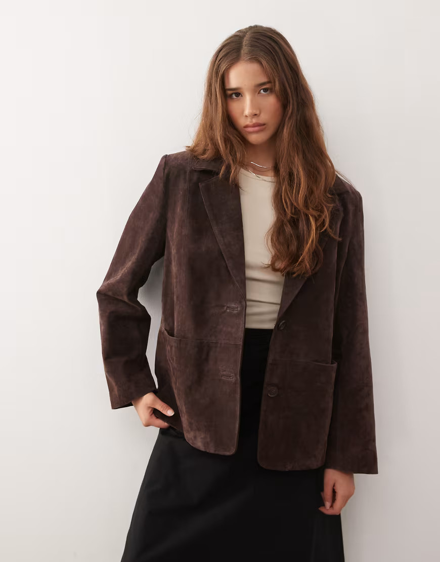 Reclaimed Vintage oversized real suede blazer in chocolate brown | ASOS (Global)