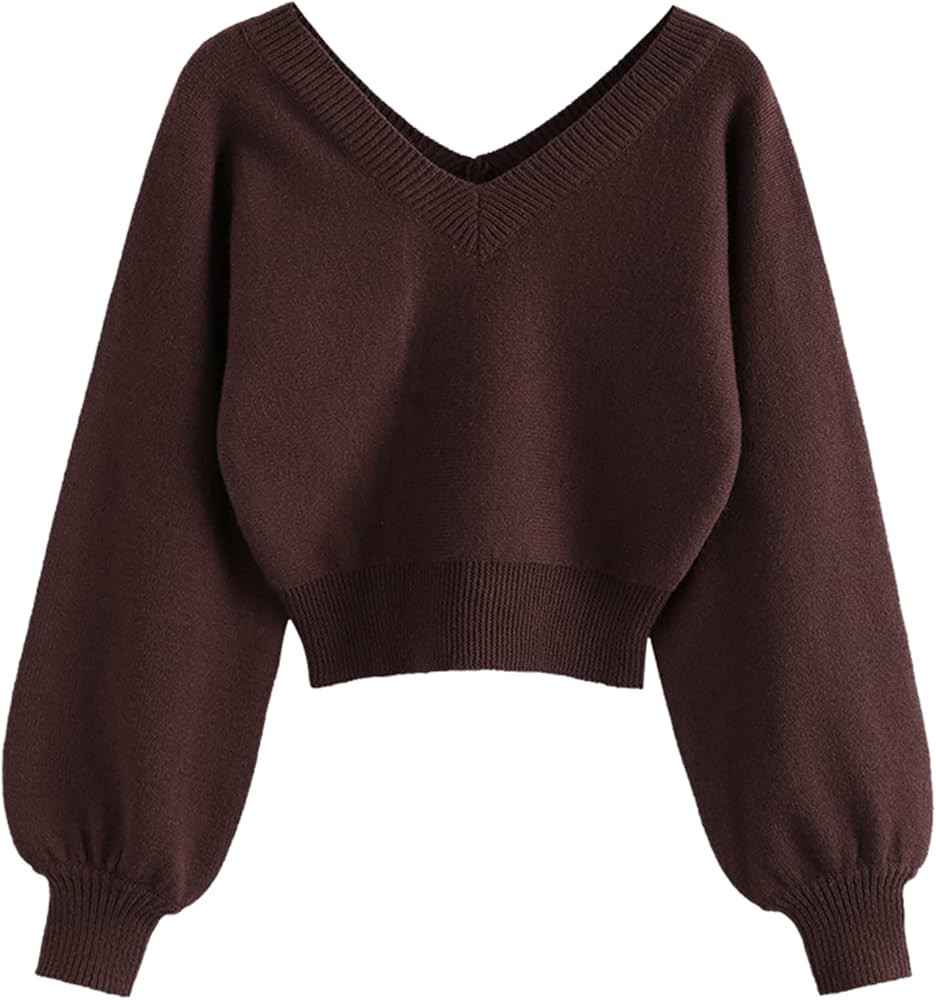 ZAFUL Women's Cropped Sweater V-Neck Long Sleeve Crop Sweater Pullover Jumper Knit Top | Amazon (US)