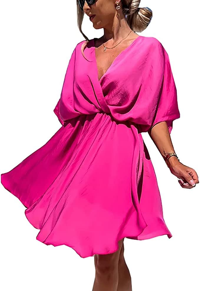 Swahugh Women's Satin Wrap Dress Sexy V Neck Mini Dress Batwing Sleeve Casual Boho Ruffle Dress F... | Amazon (US)