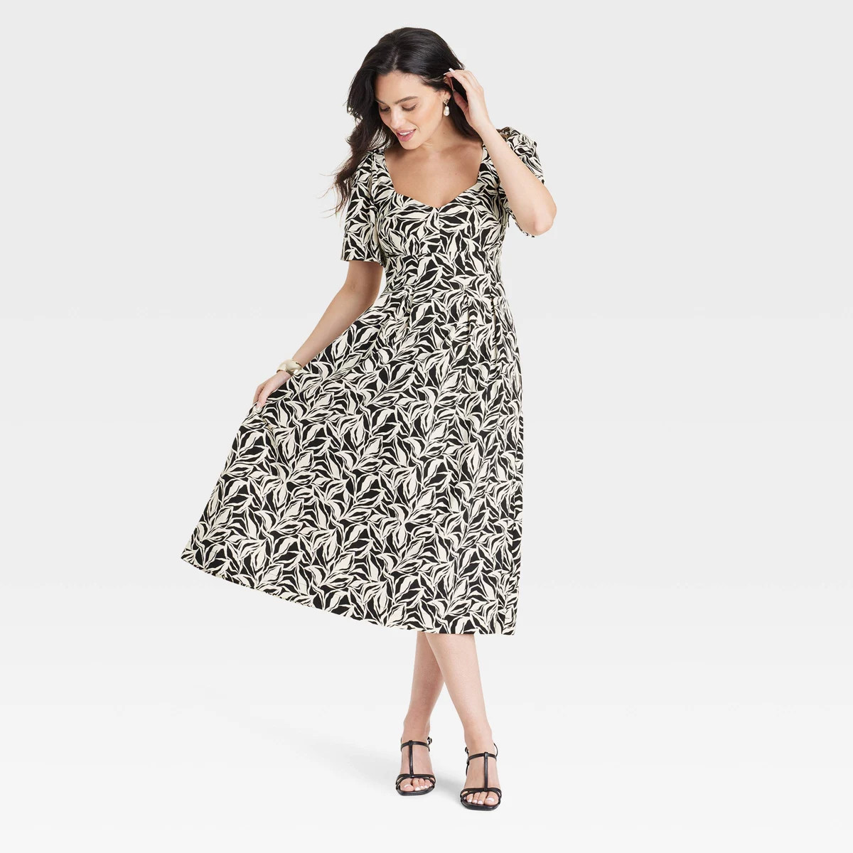 Women's Linen Puff Short Sleeve Midi Dress - A New Day™ Black/White Floral 8 | Target