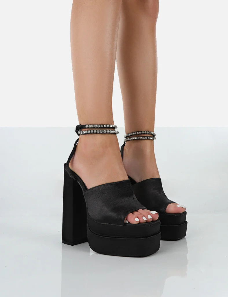 Lilibet Black Satin Diamante Lace Up Strapping Open Toe Statement Platform Block Heels | Public Desire (US & CA)