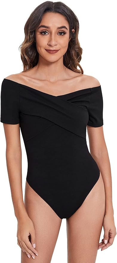 Amazon.com: SOLY HUX Women's Criss Cross Striped Wrap Off The Shoulder Skinny Elegant Bodysuit Bl... | Amazon (US)