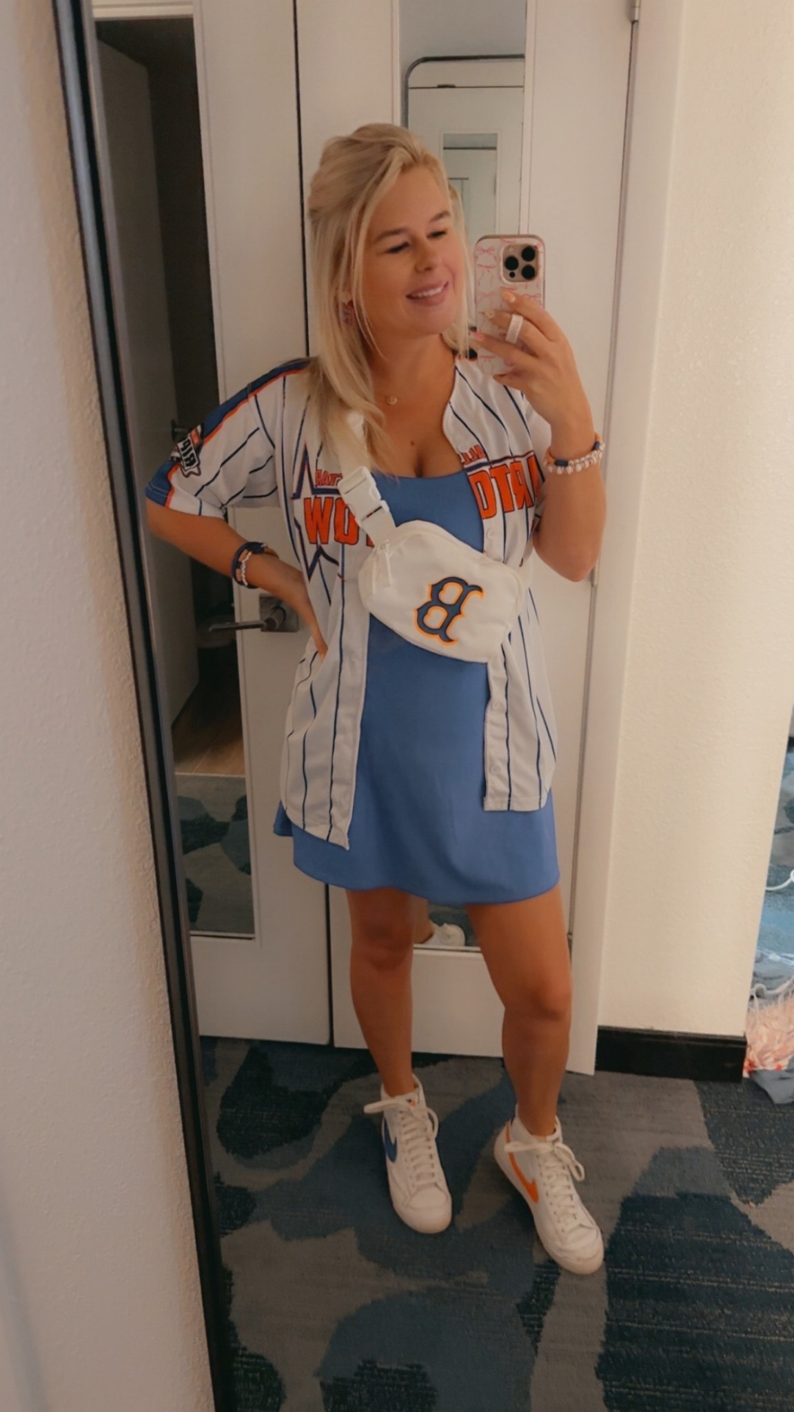 Linked the belt bag! My sister added the B to match our team! Nikes are custom high tops! 