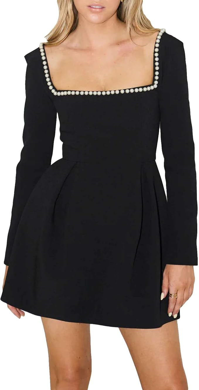 Women's Long Sleeve Mini Dress Pearl Square Neck Ruffle Hem Short Dress Bride Party Club Elegant ... | Amazon (US)