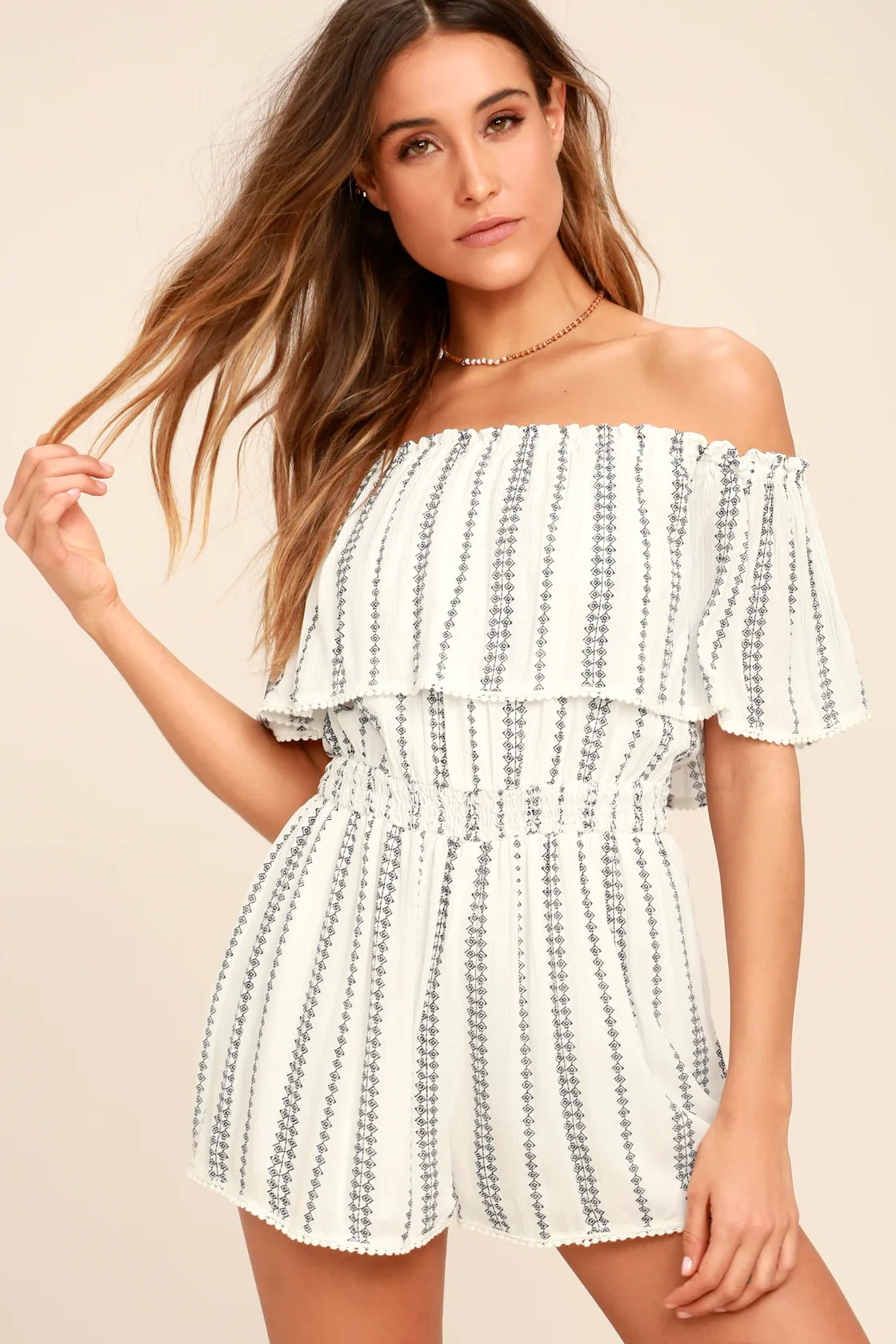 See Ya There White Print Off-the-Shoulder Romper | Lulus (US)
