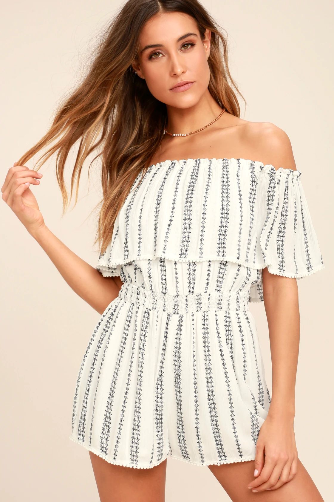 See Ya There White Print Off-the-Shoulder Romper | Lulus (US)