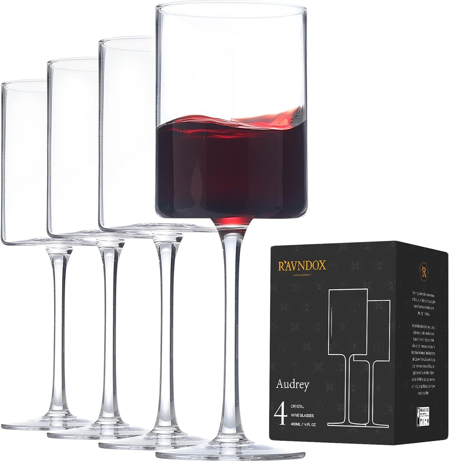 RAVNDOX Square Wine Glasses, WG4 White or Red Wine Glasses Set of 4, 14 Ounce Hand Blown Edge - M... | Amazon (US)