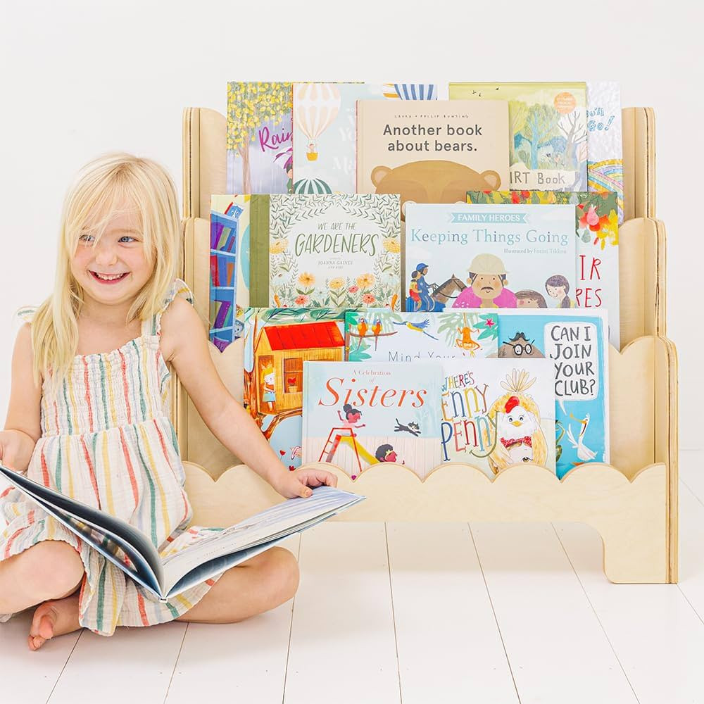Wooden Kids Bookshelf w/Scalloped Edges - Perfect Height 3-Tier Montessori Bookshelf for Kids - D... | Amazon (US)
