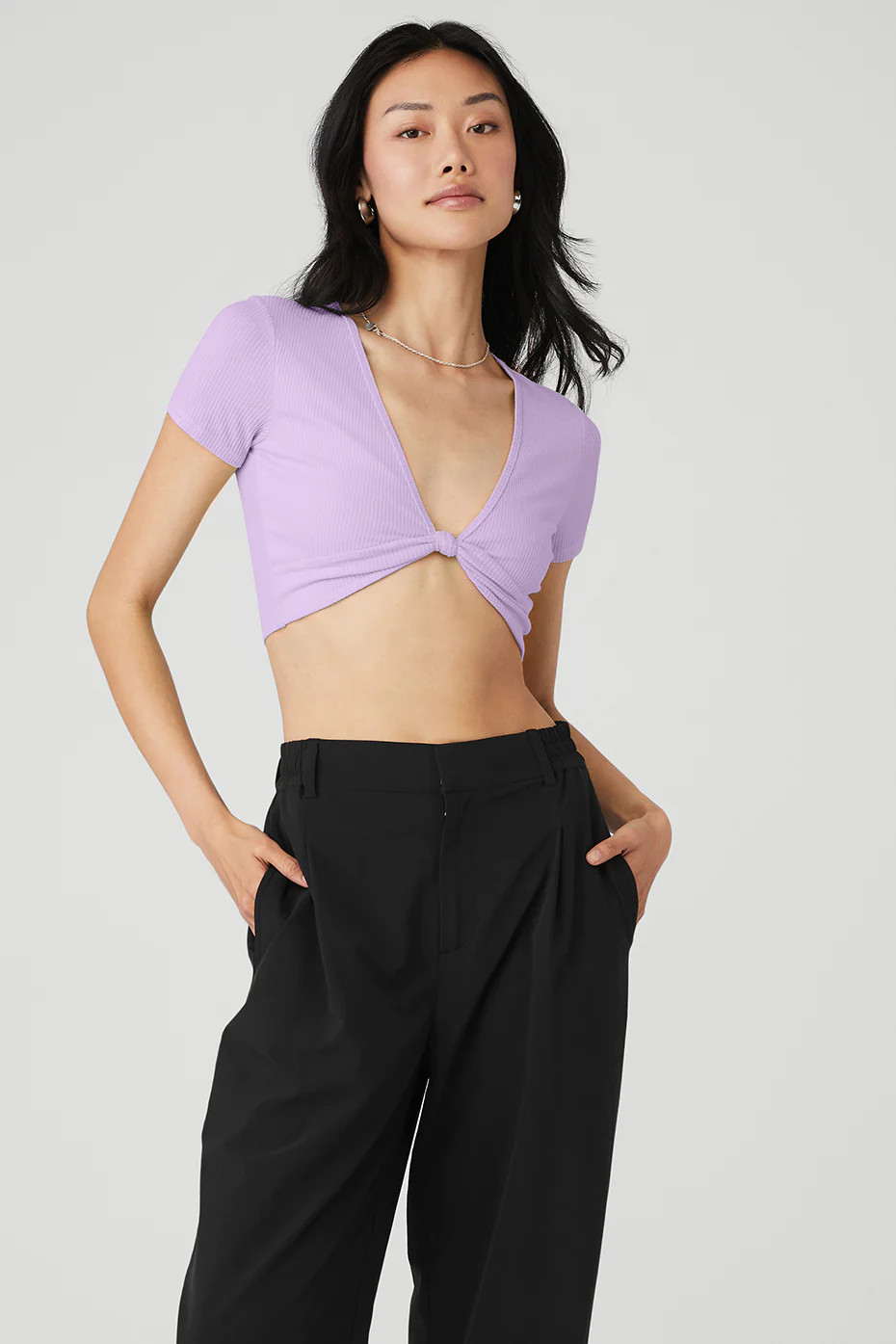 Alo YogaÂ® | Ribbed Knotty Short Sleeve Top in Violet Skies Purple, Size: Large | Alo Yoga (US)