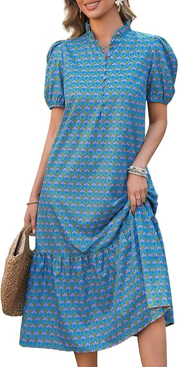 Wenrine Womens Summer Floral Maxi Dress Casual V Neck Puff Short Sleeve Button Flowy Beach Boho L... | Amazon (US)