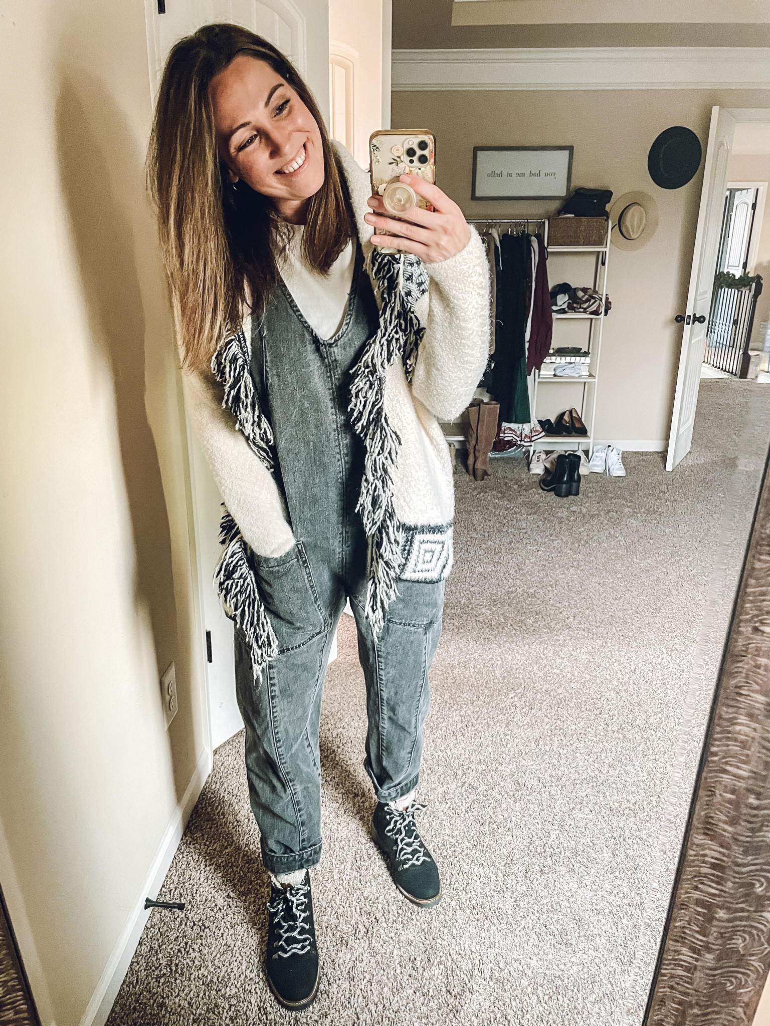 This outfit will be on repeat 🔁 

Wearing an XS in everything. Jumpsuit has adjustable straps - I’m 5’4” for reference and rolled to hem to meet my boots. Would recommend sizing up 1 size in cardigan for a more oversized feel. 

Free People Jumpsuit | Winter Outfit | Fringe Cardigan | Cozy Fall Outfit 

#LTKfindsunder100 #LTKshoecrush #LTKSeasonal