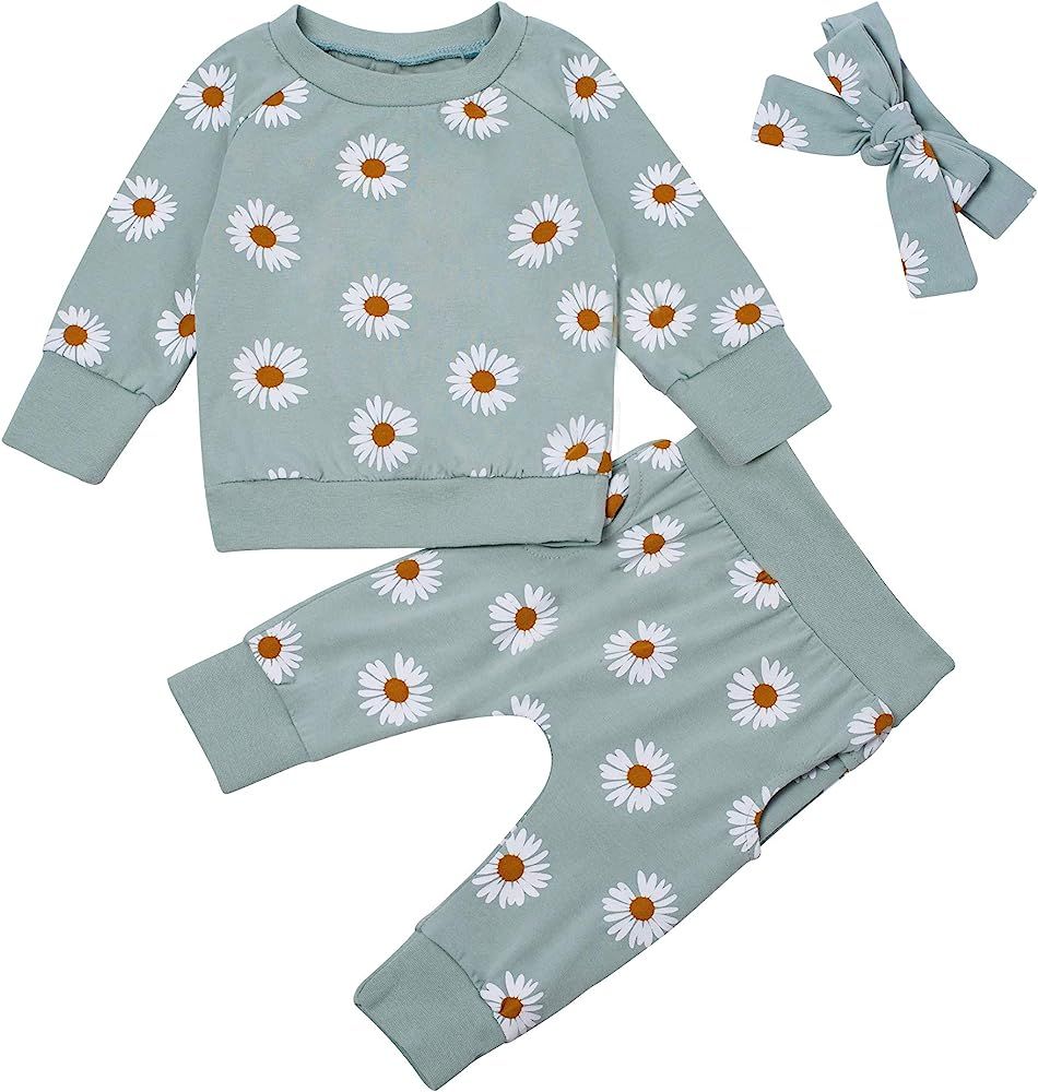 Newborn Baby Girls Floral Daisy Print Long Pant Set Infant Cute Flower Tops Pocket Pants Outfits | Amazon (US)