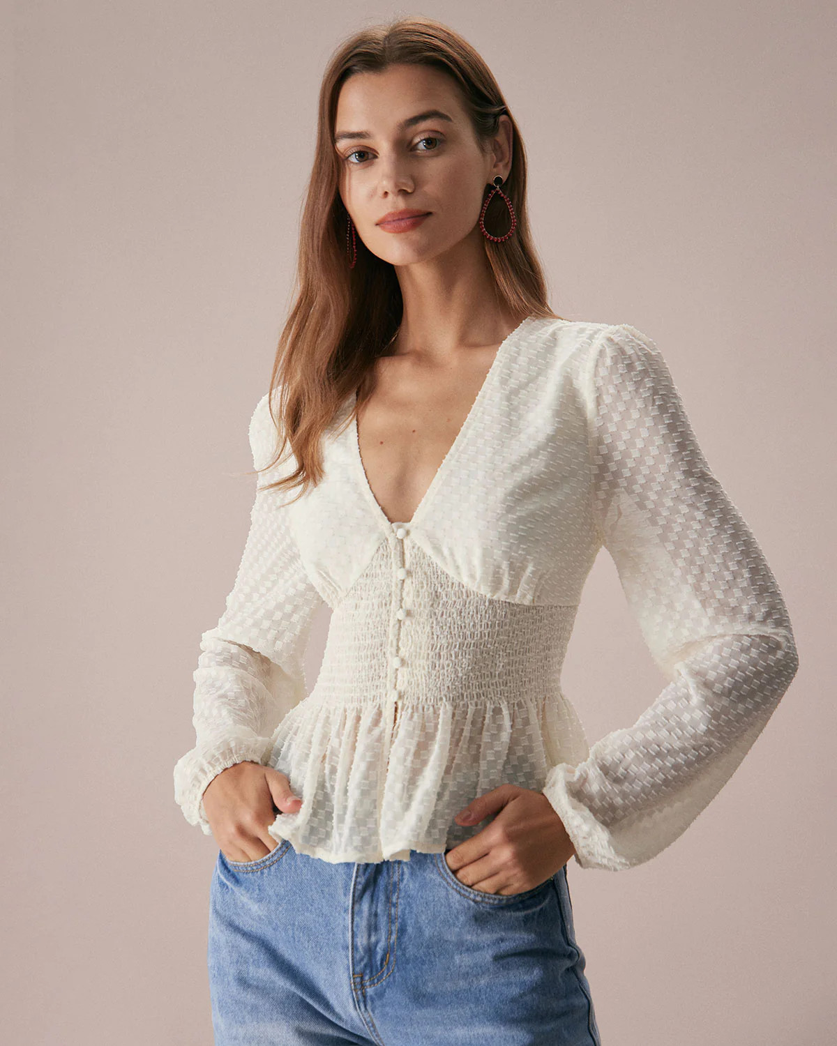 The Beige V Neck Ruffle Lantern Sleeve Blouse & Reviews - Beige - Tops | RIHOAS | rihoas.com