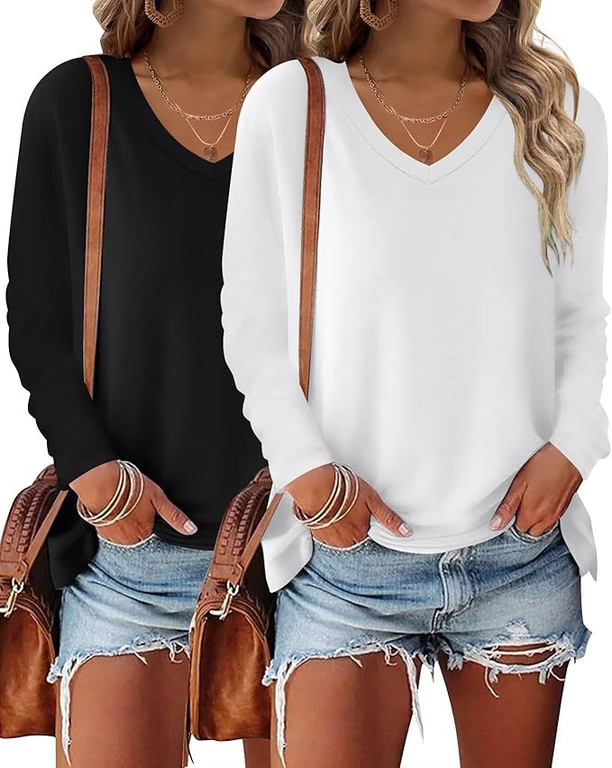 Bliwov 2 Pack Womens Long Sleeve V Neck Tops Fall Winter Outfits Spring Trendy T Shirts 2026 Casu... | Amazon (US)