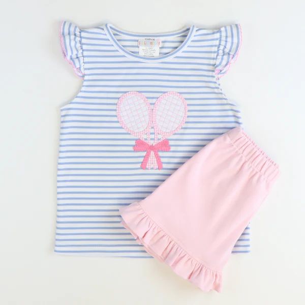 Appliquéd Tennis Rackets Top & Ruffle Short Set - Cloud Stripe & Light Pink Knit | Southern Smocked Co.