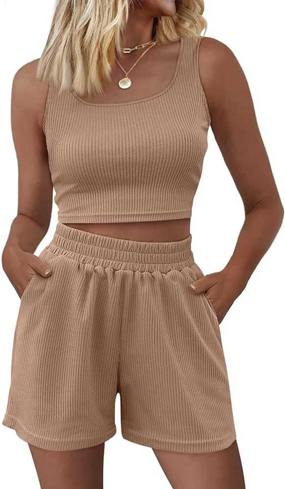 Trendy Queen Two Piece Summer Outfits Women Shorts Sets 2 Piece Sleeveless Matching Lounge Crop T... | Amazon (US)
