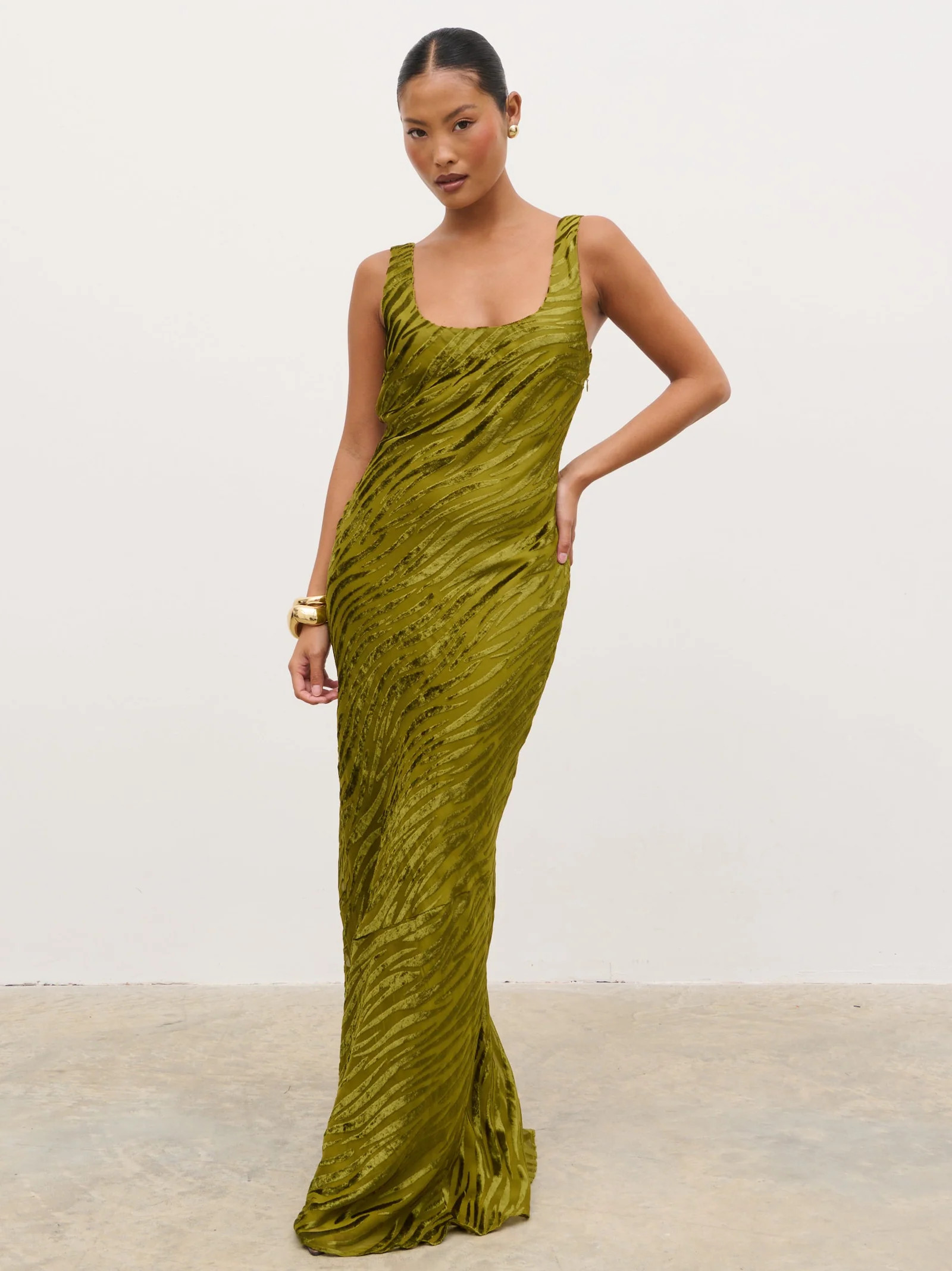 Kendall Scoop Devore Maxi Dress - Tarragon | Pretty Lavish (UK)