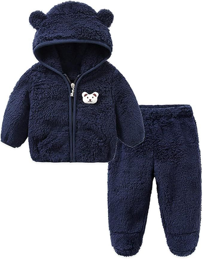 YuMENo Toddler Baby Fleece Snowsuit Infant Boy Girls Zipper Hooded Coat Outfits Winter Snow Pants... | Amazon (US)