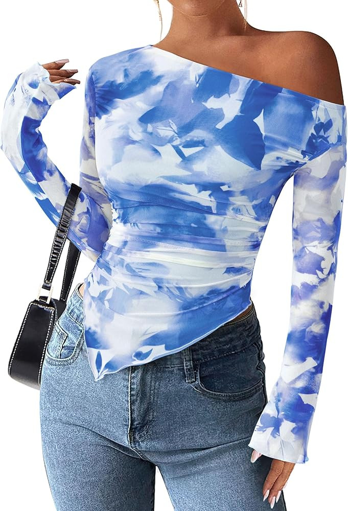 PRETTYGARDEN Womens Fall Trendy Off Shoulder Y2k Tops 2026 Tie Dye Mesh Long Sleeve Shirts Asymme... | Amazon (US)