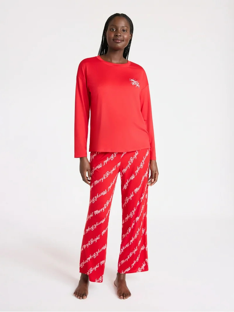 Joyspun Women's Dreamy Soft Collection Long Sleeve Sleep Top and Straight Leg Pants Pajama Set, 2... | Walmart (US)