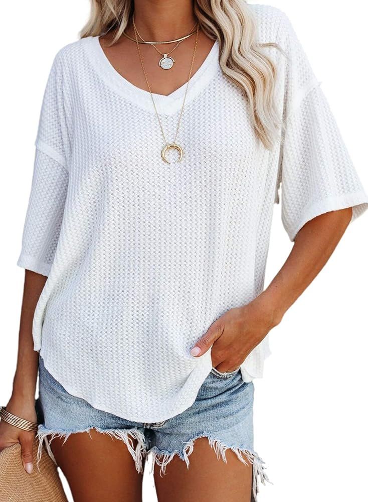 Dokotoo Women's Causual V Neck Short Sleeve Shirts Waffle Knit Loose Tunic Tops Blouses | Amazon (US)