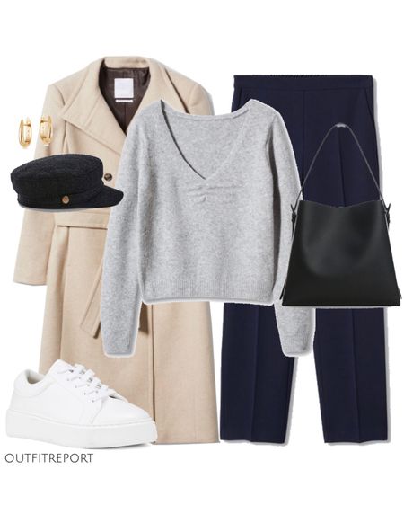 Office work outfit outfits style fashion in navy blue trousers , grey jumper knit sweater, white ganni sneakers trainers shoes, black handbag, black bakerboy hat cap , and beige brown belted wool blend coat jacket 

#LTKshoecrush #LTKunder100 #LTKstyletip