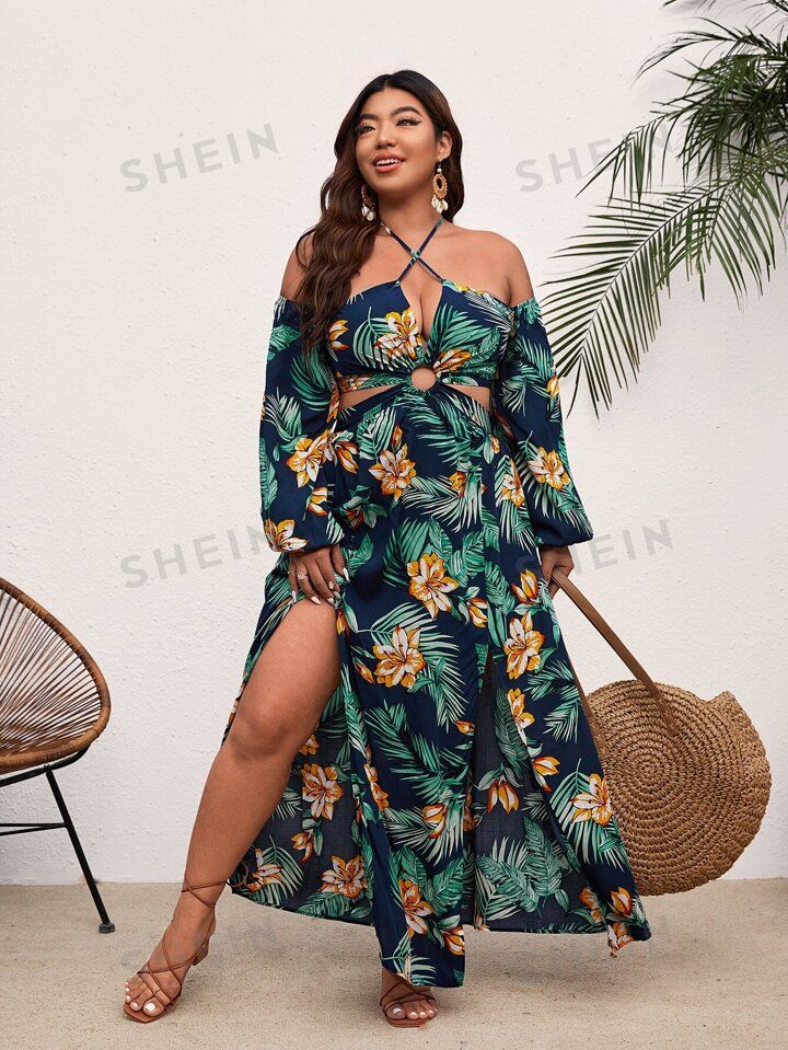 SHEIN VCAY Plus Tropical Print Split Thigh Dress | SHEIN