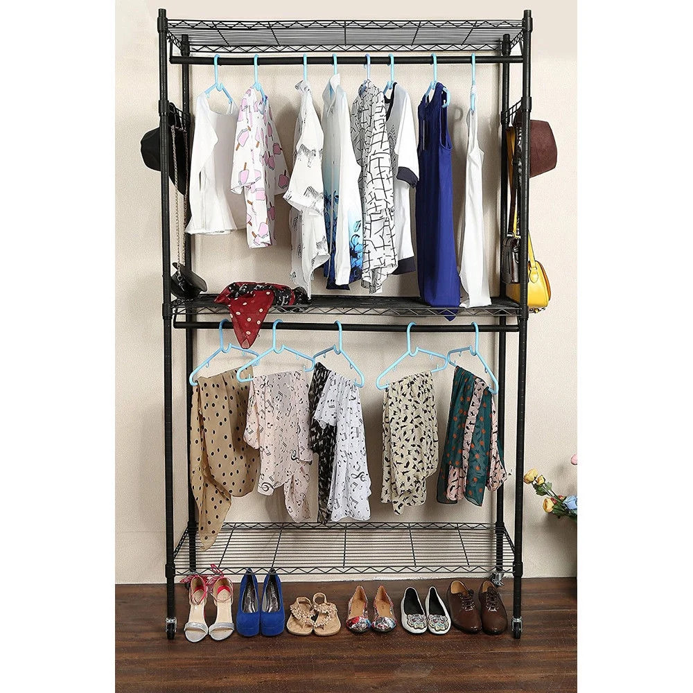 Ktaxon Double Rod Closet 3 Shelves Wire Shelving Clothing Rolling Rack Heavy Duty Garment Rack wi... | Walmart (US)