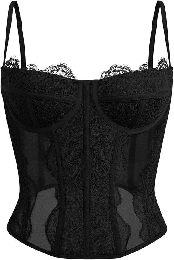 Dealmore Corset Tops For Women Going Out Lace Mesh Date Night Top Spaghetti Strap Party Club Top | Amazon (US)