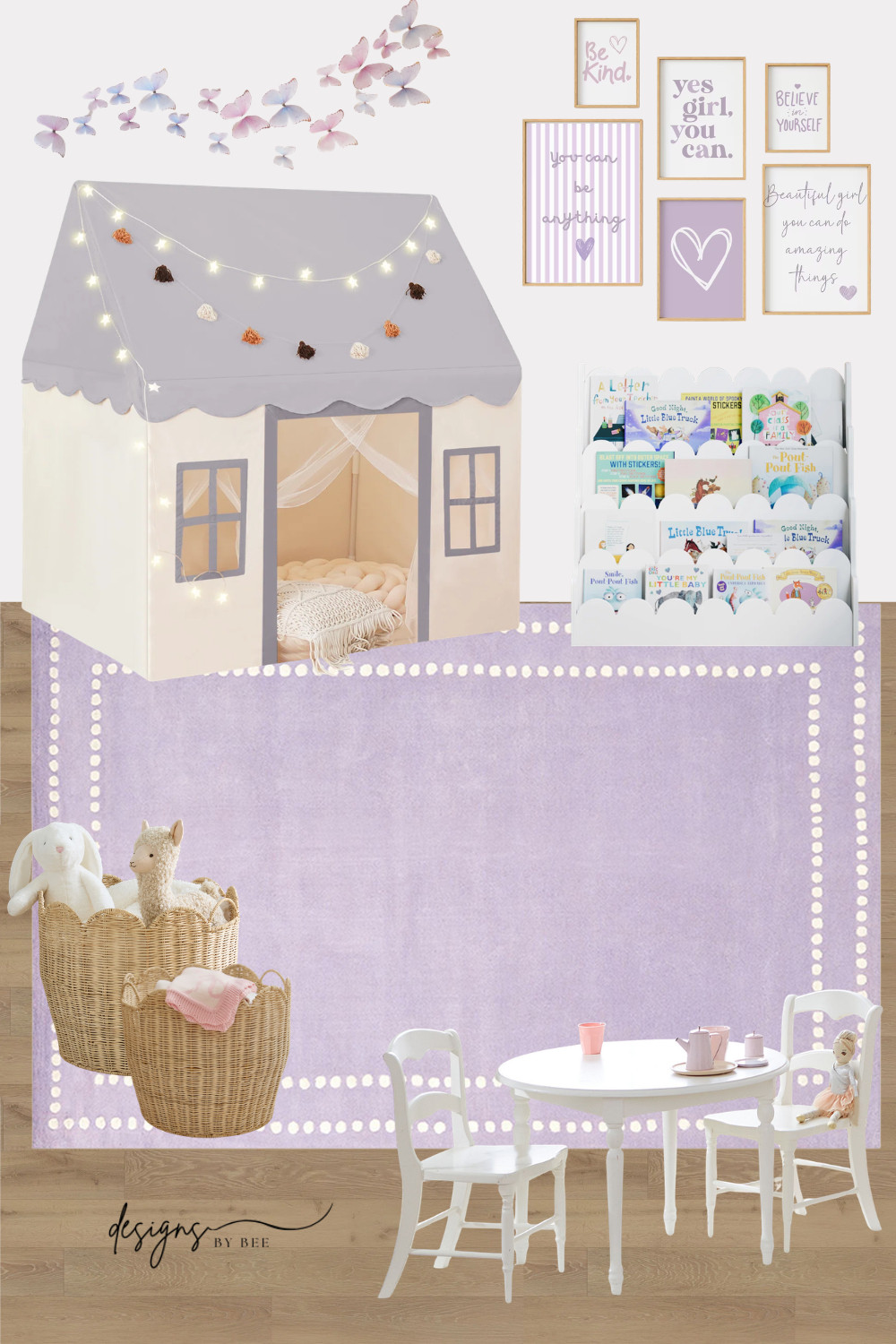 Girl's playroom ideas, toddler girl room, lilac rug, scalloped toy storage, traditional kids furniture, grandmillennial kids room, play tent for kids, butterfly wall decals, light and airy playroom

#LTKhome #LTKkids #LTKfamily #playroomdecor #girlsroominspo #grandmillennialhome #traditionaldesign #scallopeddecor #playroominspo #toddlerroom #kidsroomdesign #lightandairy #interiorstyling 

 #LTKmomlife #LTKBaby #LTKKids