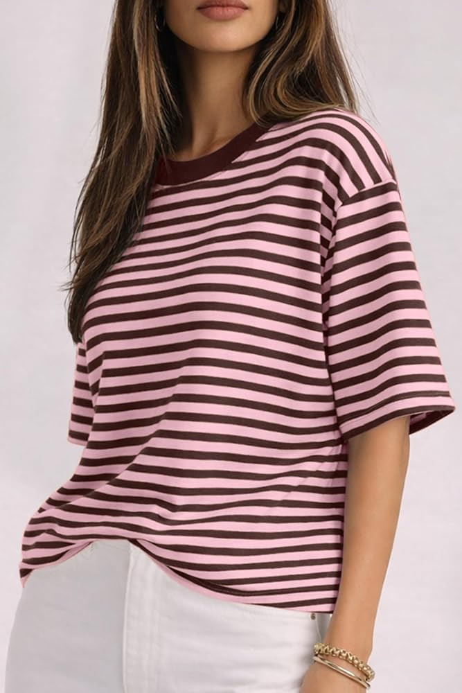 CHYRII Womens Oversized Striped T Shirts Short Sleeve Fashion 2026 Casual Crewneck Summer Y2K Clo... | Amazon (US)