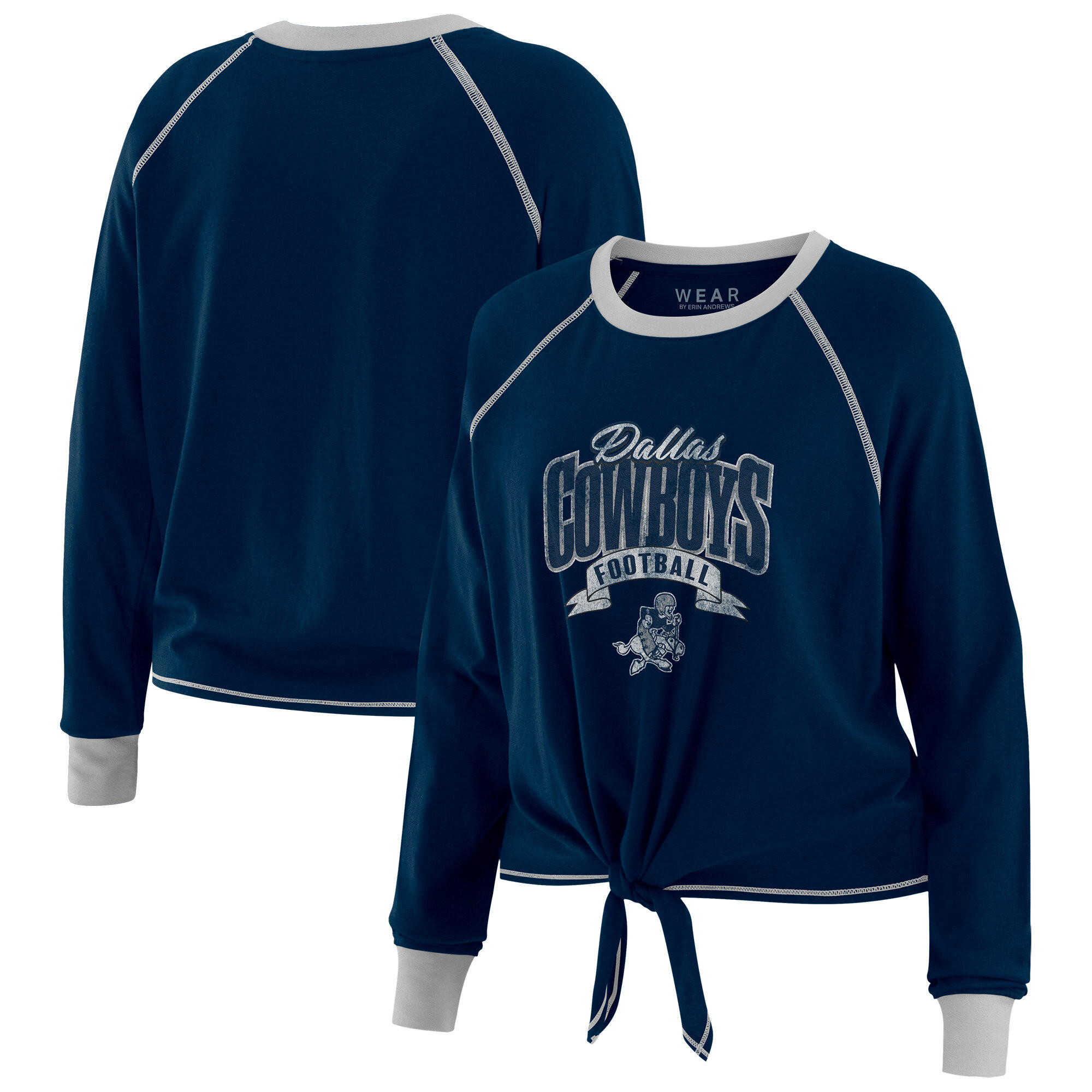Women's WEAR by Erin Andrews Navy/Silver Dallas Cowboys Plus Size Tie-Front Long Sleeve Top | Fanatics